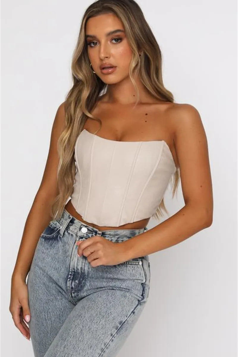 PU Leather Tube Bustiers Corsets Strapless Off Shoulder Tank Vest Bodycon Slim Push Up Outwear Crop Tops