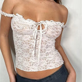Lace Floral See Through Sleeveless Camis for Women  Ruffle Strap Tie-up O-neck Slim Fit Tank Mini Vest Crop Tops