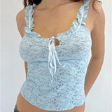 Lace Floral See Through Sleeveless Camis for Women  Ruffle Strap Tie-up O-neck Slim Fit Tank Mini Vest Crop Tops