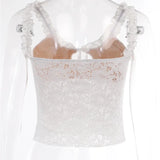 Lace Floral See Through Sleeveless Camis for Women  Ruffle Strap Tie-up O-neck Slim Fit Tank Mini Vest Crop Tops
