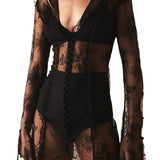 Retro Long Flare Sleeve Deep V-neck Lace Mini Dress