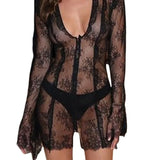 Retro Long Flare Sleeve Deep V-neck Lace Mini Dress