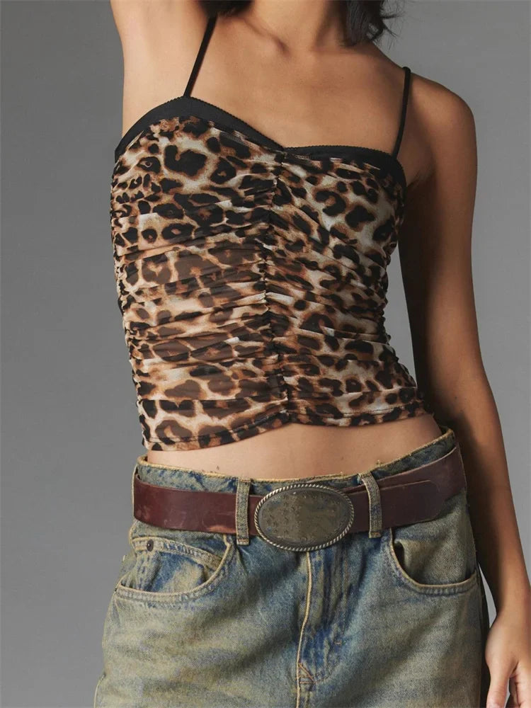 Cropped Camis Summer Ruched Spaghetti Strap Leopard/Floral Print Vest Clubwear  Crop Tops