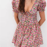 Retro Floral Print Deep V Neck Backless Tie Up Mini Dress