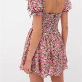 Retro Floral Print Deep V Neck Backless Tie Up Mini Dress