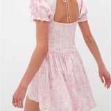 Retro Floral Print Deep V Neck Backless Tie Up Mini Dress