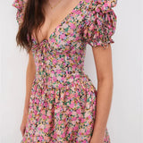 Retro Floral Print Deep V Neck Backless Tie Up Mini Dress