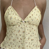 Retro Lace Halter Camis Embroidery Floral Print Backless Tie-up Summer Mini Vest Crop Tops