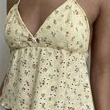 Retro Lace Halter Camis Embroidery Floral Print Backless Tie-up Summer Mini Vest Crop Tops
