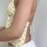 Retro Lace Halter Camis Embroidery Floral Print Backless Tie-up Summer Mini Vest Crop Tops