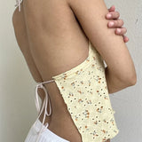Retro Lace Halter Camis Embroidery Floral Print Backless Tie-up Summer Mini Vest Crop Tops