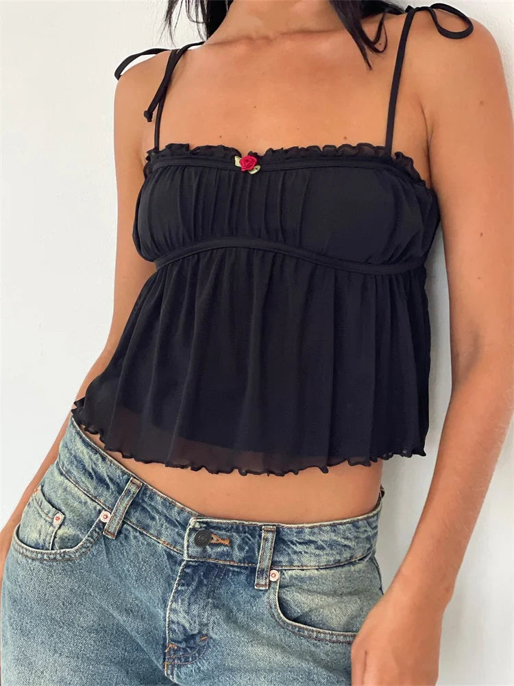 Ruffles Patchwork Camis Sleeveless Tie-up Strap Tank Bow Ruched Summer Mini Vest Party Clubwear  Crop Tops