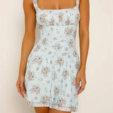 Retro Summer A-Line Sleeveless Backless Tie-up Floral Print Mini Dress