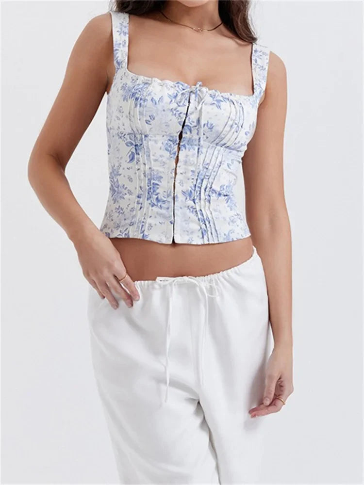 Square Neck Fairy Sleeveless Strap Front Buttons Up Camis Summer Mini Vest Streetwear  Crop Tops