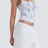 Square Neck Fairy Sleeveless Strap Front Buttons Up Camis Summer Mini Vest Streetwear  Crop Tops