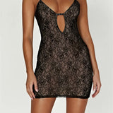 Sexy V-neck Hollow Out Lace Floral Mini Dress