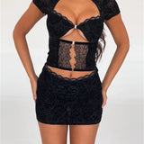 Sexy Lace Flower Short Sleeve Round Neck Mini Dress