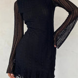 Sexy Lace Party Clubwear Long Flare Sleeve Mesh See Through O-neck Mini Dress