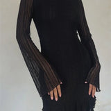Sexy Lace Party Clubwear Long Flare Sleeve Mesh See Through O-neck Mini Dress
