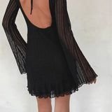 Sexy Lace Party Clubwear Long Flare Sleeve Mesh See Through O-neck Mini Dress