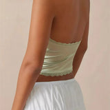 Satin Halter Lace Trim Front Bowknot V-Neck Backless Party Tank  Crop Tops