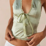 Satin Halter Lace Trim Front Bowknot V-Neck Backless Party Tank  Crop Tops