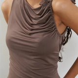 Solid Color Tank Sleeveless Asymmetrical Neck Ruched Slim Fit Summer Cropped Mini Vest Clubwear  Crop Tops