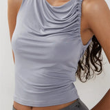 Solid Color Tank Sleeveless Asymmetrical Neck Ruched Slim Fit Summer Cropped Mini Vest Clubwear  Crop Tops