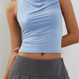 Solid Color Tank Sleeveless Asymmetrical Neck Ruched Slim Fit Summer Cropped Mini Vest Clubwear  Crop Tops