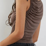 Solid Color Tank Sleeveless Asymmetrical Neck Ruched Slim Fit Summer Cropped Mini Vest Clubwear  Crop Tops