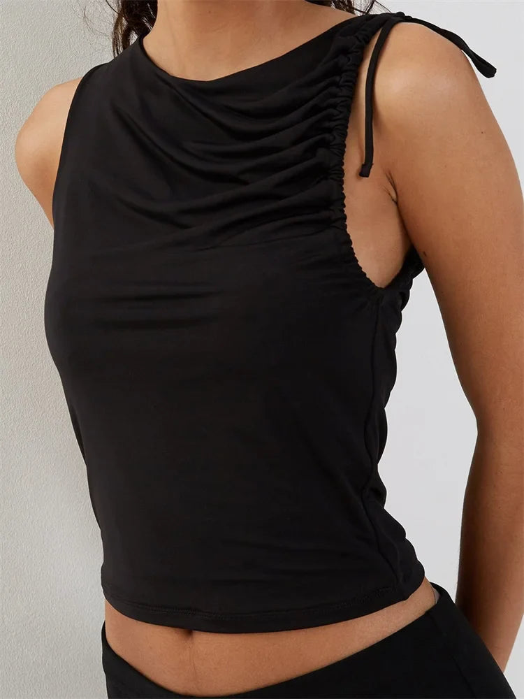 Solid Color Tank Sleeveless Asymmetrical Neck Ruched Slim Fit Summer Cropped Mini Vest Clubwear  Crop Tops