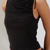 Solid Color Tank Sleeveless Asymmetrical Neck Ruched Slim Fit Summer Cropped Mini Vest Clubwear  Crop Tops