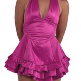 Sexy Solid Halter Backless Tie-up Mini Dress
