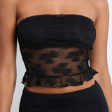 Tube Lace Mesh See-Through Strapless Off Shoulder Tank Backless Floral Summer Party Mini Vest Crop Tops