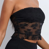 Tube Lace Mesh See-Through Strapless Off Shoulder Tank Backless Floral Summer Party Mini Vest Crop Tops