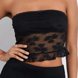 Tube Lace Mesh See-Through Strapless Off Shoulder Tank Backless Floral Summer Party Mini Vest Crop Tops