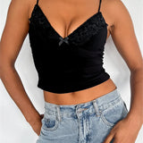 Spaghetti Strap Camis Chic Summer Sleeveless Lace Patchwork V-neck Tank Party Club Street Base Vests Crop Tops