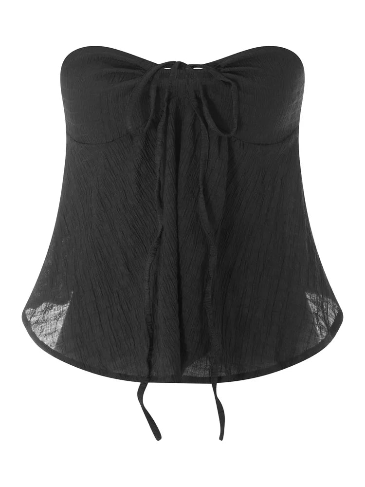 Ruched Tube for Women  Front Tie-up Ruffles Summer Party Clubwear Tank Mini Vest New Crop Tops