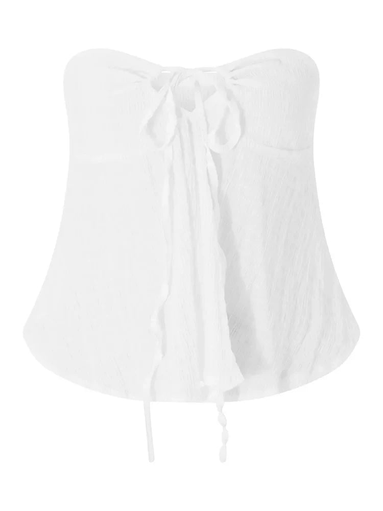 Ruched Tube for Women  Front Tie-up Ruffles Summer Party Clubwear Tank Mini Vest New Crop Tops