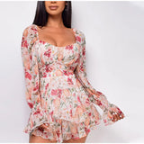 Square Collar Lace Up Floral Mini Dress