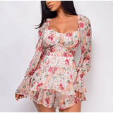 Square Collar Lace Up Floral Mini Dress