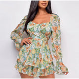 Square Collar Lace Up Floral Mini Dress