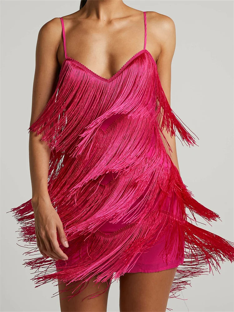 Tassels Sleeveless Spaghetti Strap Mini Dress