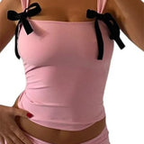 Bow Tie-up Tank for Women Fairy Grunge Y2K 2000s Aesthetic Slim Fit Mini Vest Chic Streetwear Crop Tops
