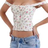 Floral Print Sleeveless Strap Camis Top for Women Square Neck Front Buttons Up Slim Fit Tank Mini Vest Crop Tops