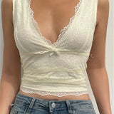 Lace Floral Summer Party Clubwear Sleeveless V-neck Slim Fit Solid Cropped  Crop Tops