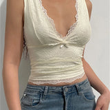 Lace Floral Summer Party Clubwear Sleeveless V-neck Slim Fit Solid Cropped  Crop Tops