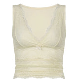 Lace Floral Summer Party Clubwear Sleeveless V-neck Slim Fit Solid Cropped  Crop Tops