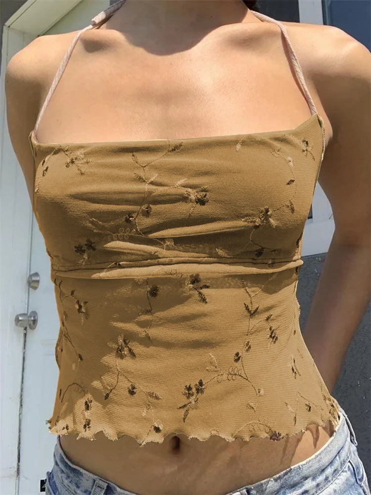Sleeveless Halter Lace-up Camis for Women Square Neck Floral Backless Tank Irregular Hem Mini Vest  Crop Tops