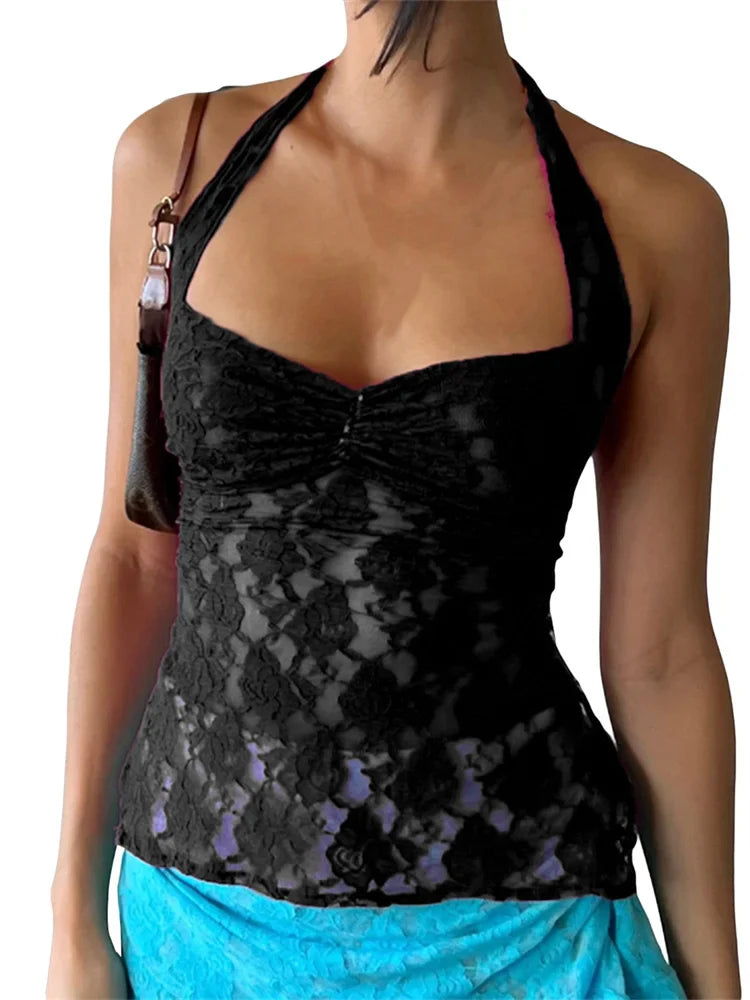 Lace Halter Tie-Up Sleeveless Mini Vests Summer Casual Slim Fit Off Shoulder Camis Streetwear Crop Tops